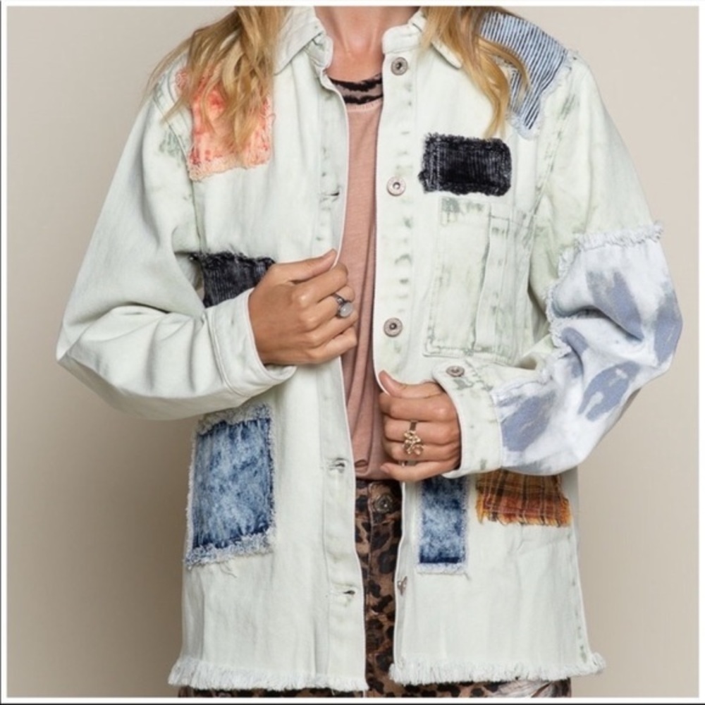 POL Western Bleached Denim Jacket Unique Patchwork Acid Wash Tie Dye - Picture 2 of 11